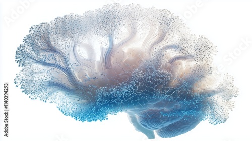 Neuroscience AI research concept:Cross-section of a human brain with digital neural networks overlaying biological structures, intricate circuit-like pathways replacing neural connections,illustration