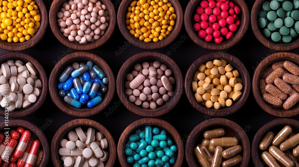 Assorted vitamins and supplements in wooden bowls Assorted vitamins and supplements in wooden bowls