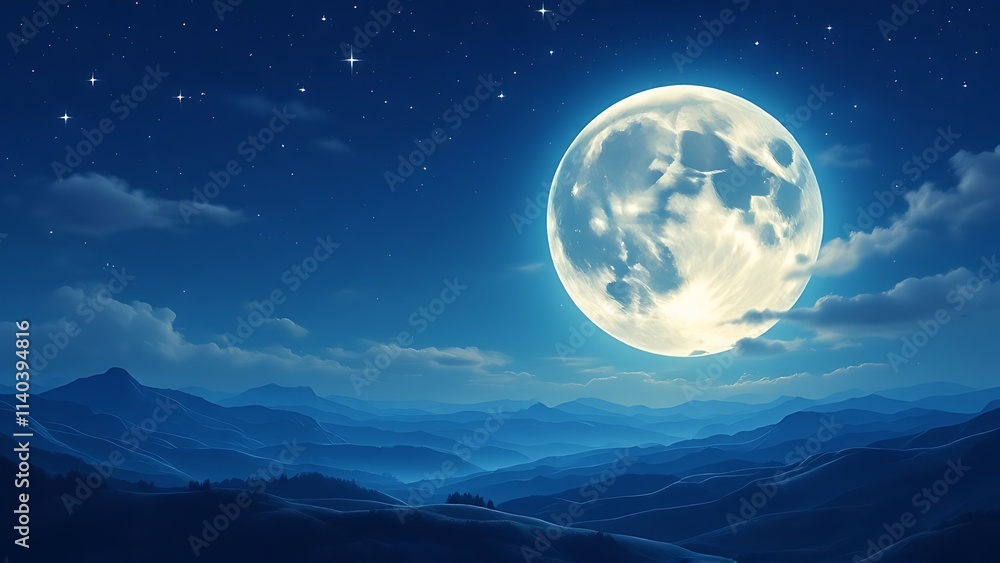 Fototapeta premium Captivating full moon illuminating clouds and stars in night sky, sky with moon and clouds