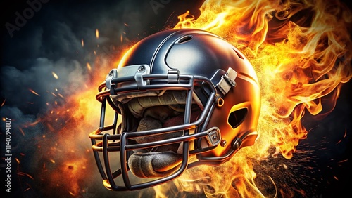 Fiery Football Helmet: Concept Portrait Photography, Burning Gridiron Glory, Helmet Design, Sports Photography photo