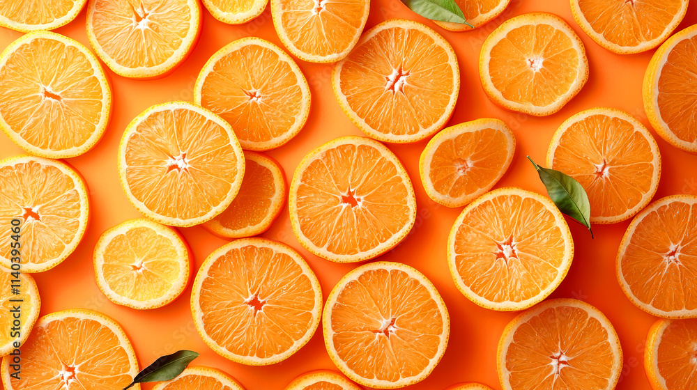 Freshly sliced oranges on a vibrant orange background Freshly sliced oranges on a vibrant orange background