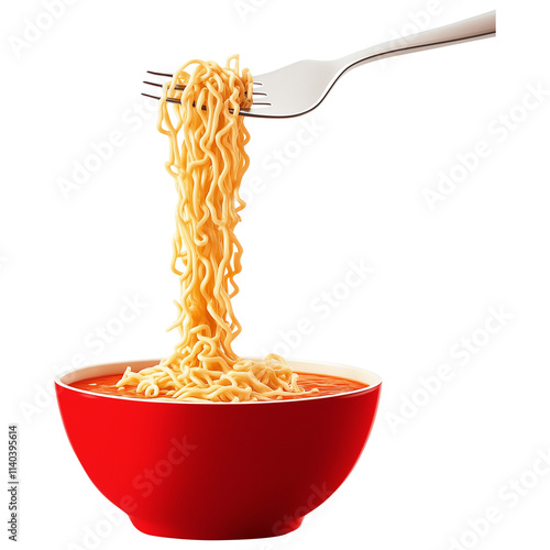 red plate with cooked noodles. The fork takes the noodles. Instant noodles isolated on transparent white background, png