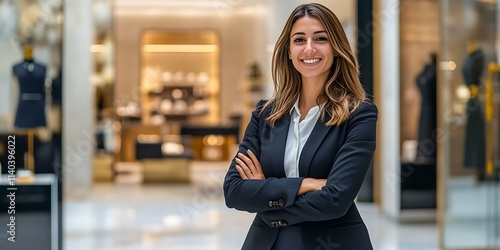 Italian female sales manager confidently posing in front of a luxury retail store