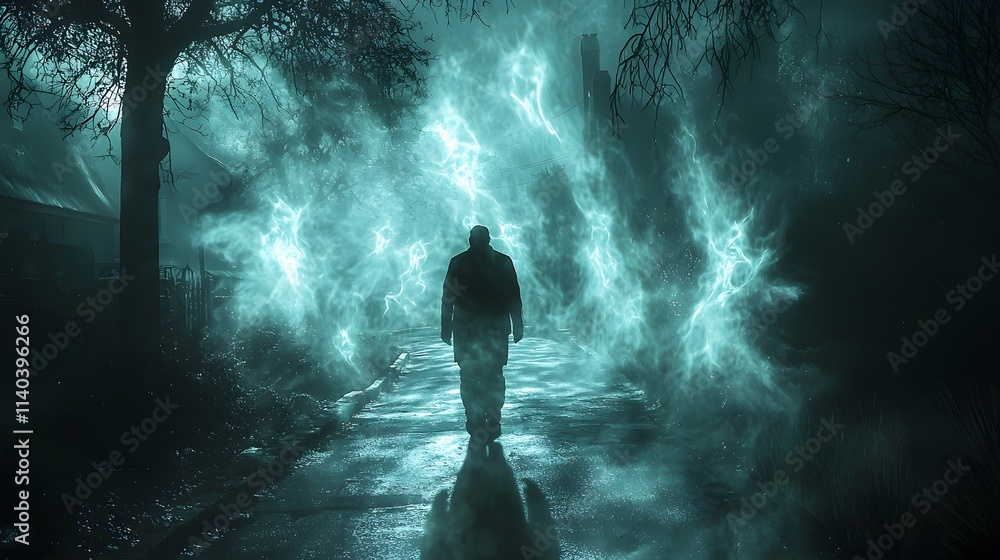 Obraz premium A man walking down a glowing path, the dark shapes of his past trailing behind him