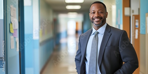 Principal standing proudly in a school hallway, overseeing the educational environment and promoting student success