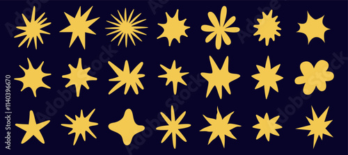 Vector set of stickers, scribbles and doodles in simple linear hand drawn style with copy space, stars minimal hand drawn design elements for posters, social media, print, banners