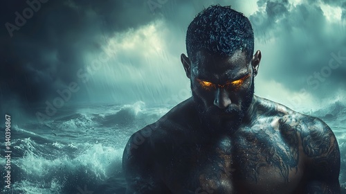 A man with glowing tattoos standing in front of a stormy ocean, his expression defiant