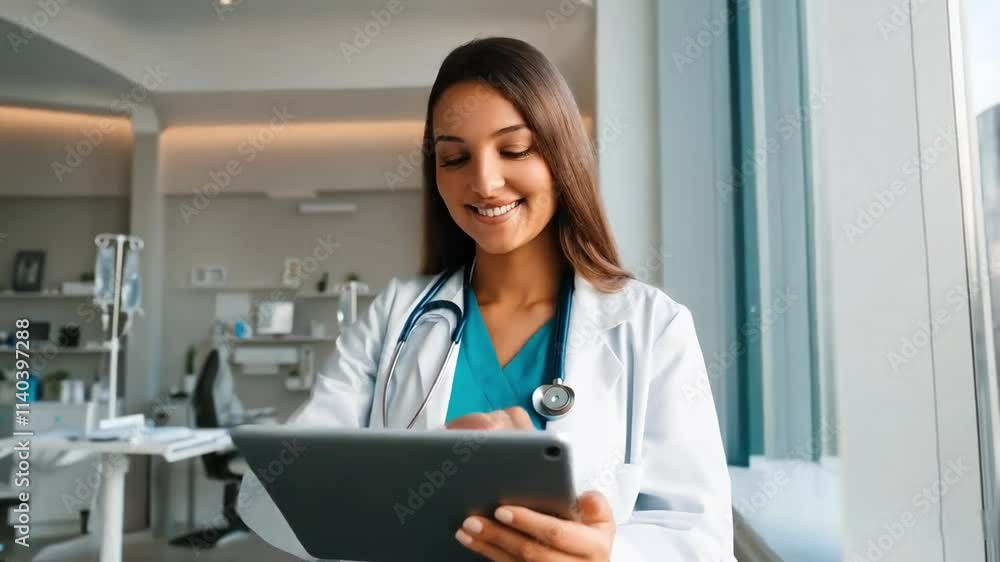 Female doctor, professional medical worker using a digital tablet in a clinic Female doctor, professional medical worker using a digital tablet in a clinic