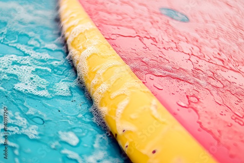 Texture of surfboard wax on vibrant surfboard with ocean waves in the background photo