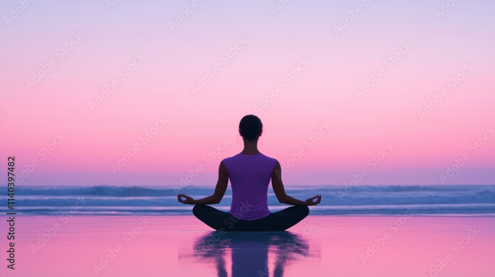 Woman practicing yoga on the beach at sunset, enjoying peace and harmony Woman practicing yoga on the beach at sunset, enjoying peace and harmony