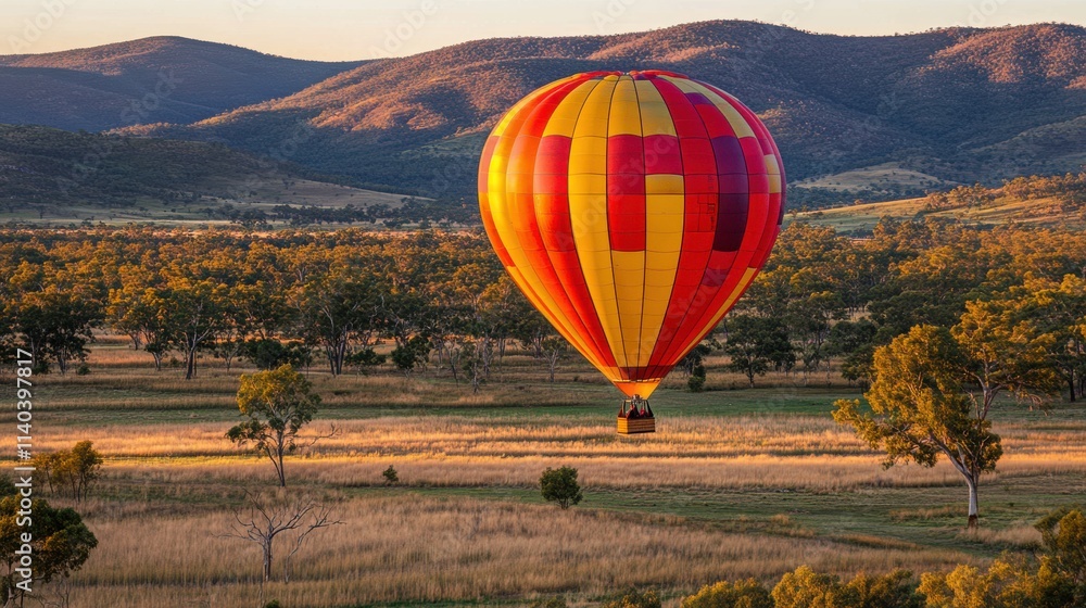 Obraz premium Colorful Hot Air Balloon Soaring High Above a Scenic Landscape at Sunrise with Lush Green Trees and Rolling Hills in the Background