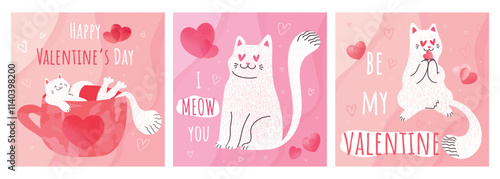 Set of Valentines Day greeting cards with cute hand drawn white cat. Cute cat in love, cat lying in a cup, biting heart. Vector template, cover, invitation