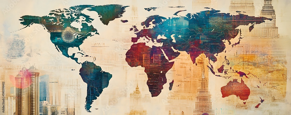 Fototapeta premium Stock market trends and global investment icons overlaid on a world map