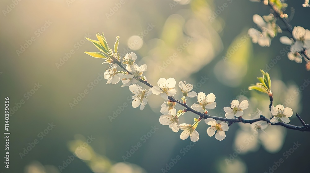 A branch of a blossoming cherry tree elegantly captures the warm sunlight in a tranquil garden, reflecting the beauty of springtime A branch of a blossoming cherry tree elegantly captures the warm sunlight in a tranquil garden, reflecting the beauty of springtime