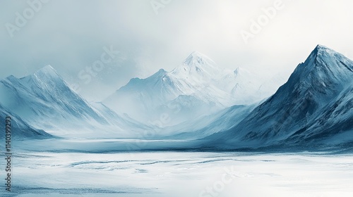 Wallpaper Mural A breathtaking winter landscape unfolds, showcasing majestic mountains and a serene frozen lake, all beneath a dreamy misty sky as dawn breaks Torontodigital.ca