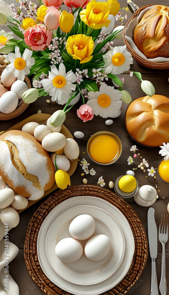 Festive spring table setting adorned with flowers and traditional delicacies Festive spring table setting adorned with flowers and traditional delicacies