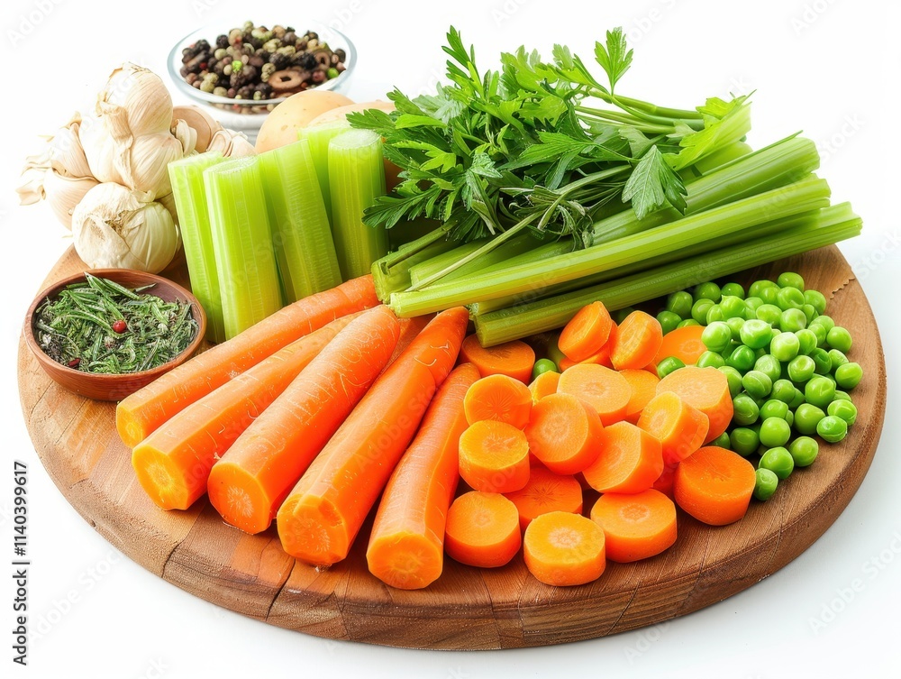 A vibrant assortment of fresh vegetables arranged on a wooden platter. A vibrant assortment of fresh vegetables arranged on a wooden platter.