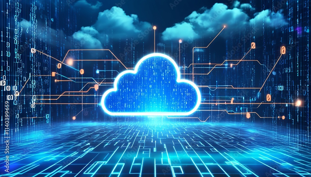 Futuristic Digital Cloud Computing Concept with Holographic Data Flow, Blue and Golden Light, and Code Elements. Created with generative AI technology Futuristic Digital Cloud Computing Concept with Holographic Data Flow, Blue and Golden Light, and Code Elements. Created with generative AI technology