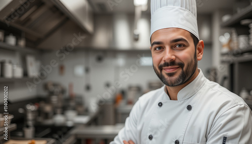 Portrait of a professional chef in a kitchen that looks clean and tidy photo