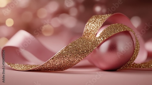 Rose gold bauble with glitter ribbon. photo