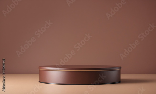 Empty podium on mocha mousse color, coffee or chocolatte or beige background with copy space. Platform for product placement or montage, promotion, mock up, show product. Color of the year 2025.