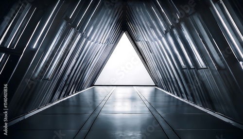 Futuristic corridor leading to a bright triangle.