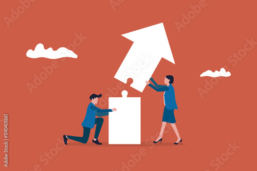 Two business people putting puzzles together. concept of Parts connect, collaboration or business cooperation metaphor