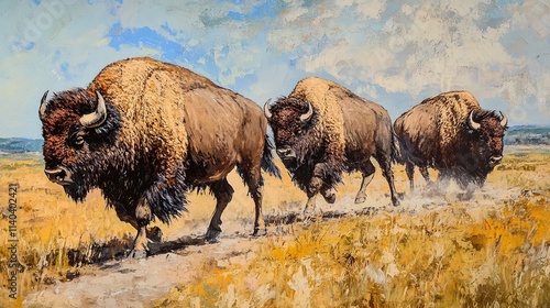 Three bison running across a prairie under a partly cloudy sky.