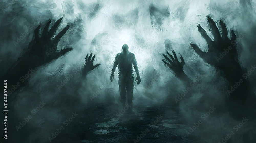 Fototapeta premium A figure walking through a storm of shadowy shapes, their glowing hands pushing back the darkness