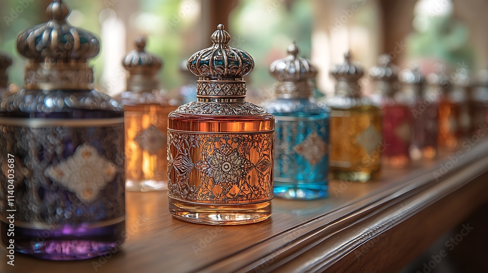 Ornate Perfume Bottles Displayed On Wooden Shelf Ornate Perfume Bottles Displayed On Wooden Shelf