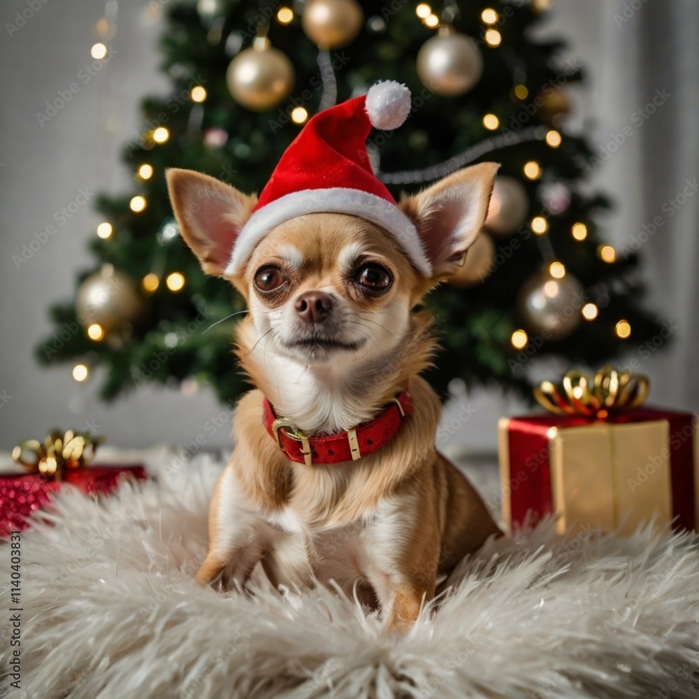 A cute Chihuahua wearing a Santa hat sits cheerfully in front of a beautifully decorated Christmas tree. A cute Chihuahua wearing a Santa hat sits cheerfully in front of a beautifully decorated Christmas tree.