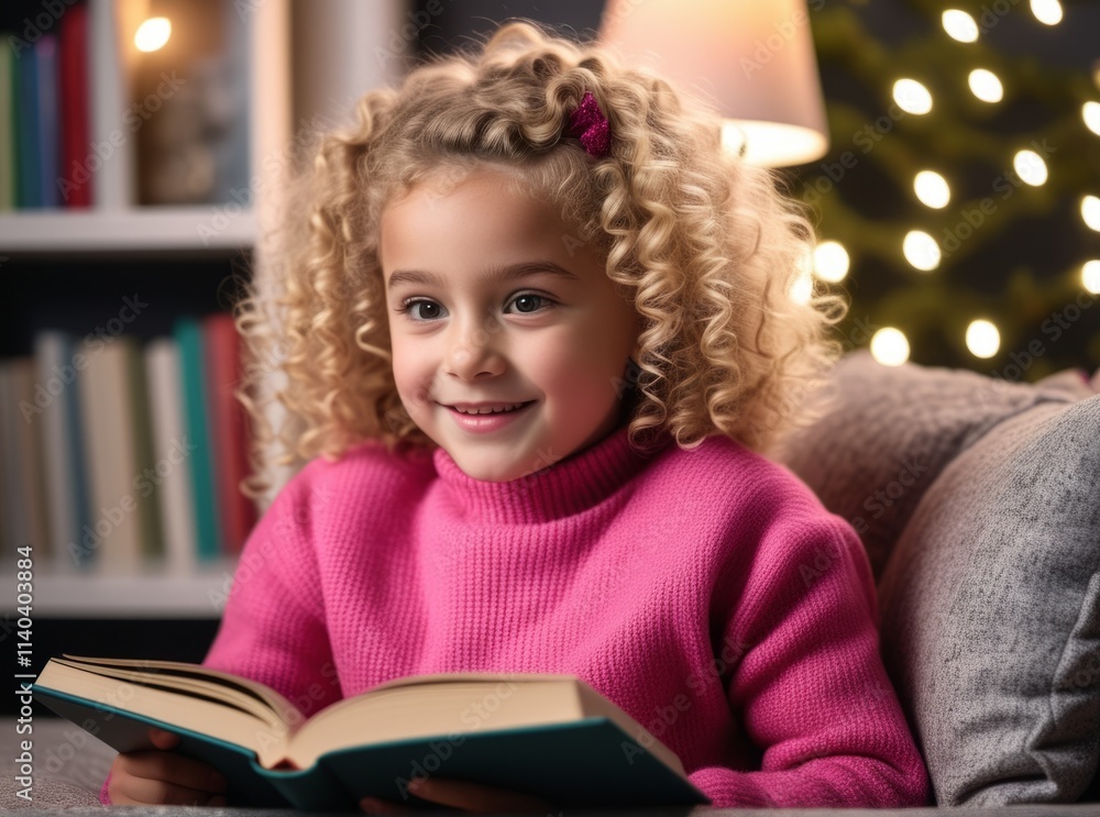 Young girl enjoys a storybook in a cozy setting with warm lights during winter Young girl enjoys a storybook in a cozy setting with warm lights during winter