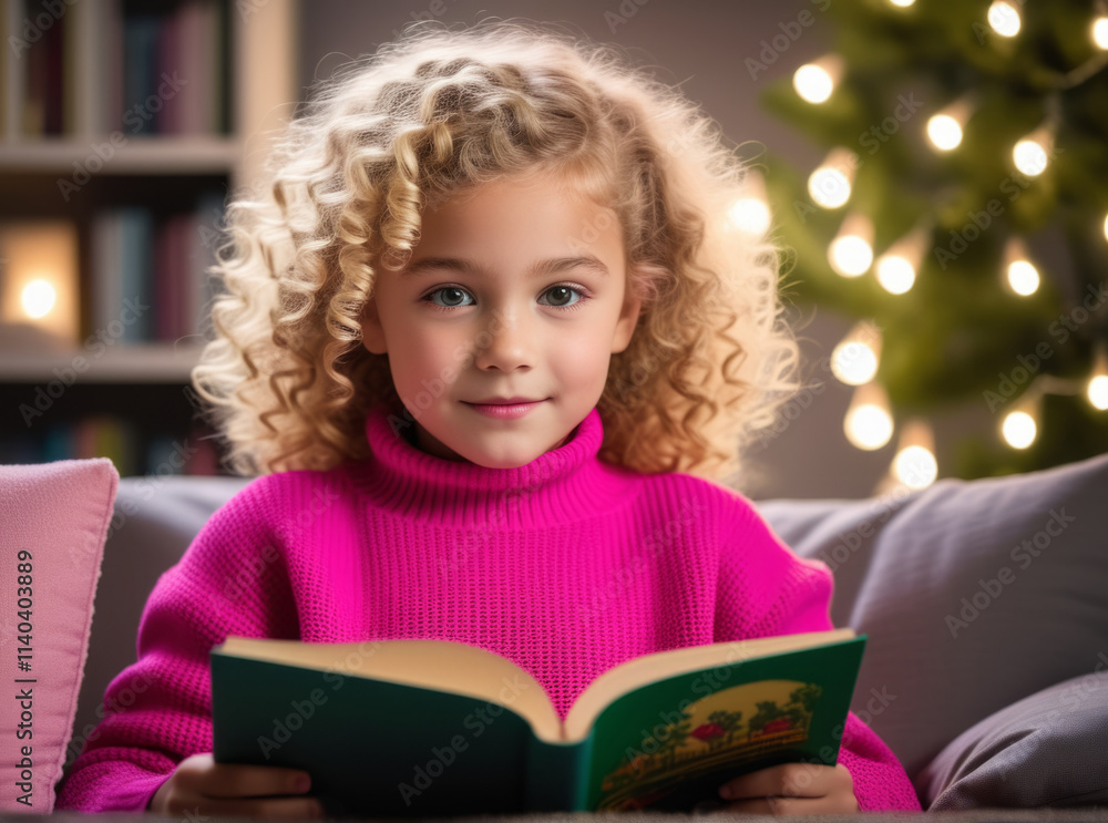 Young girl with curly hair reading a book by a decorated Christmas tree in a cozy living room Young girl with curly hair reading a book by a decorated Christmas tree in a cozy living room