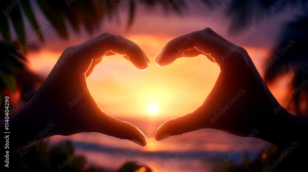 Fototapeta premium Hands forming a heart shape against a sunset backdrop