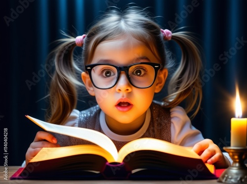 Young girl captivated by a storybook illuminated by candlelight during a quiet evening at home photo