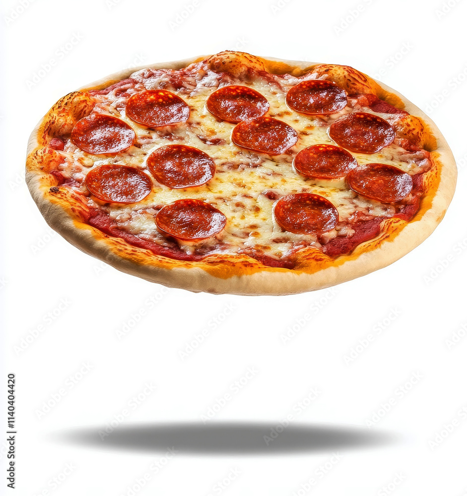 Delicious Pepperoni Pizza with Melted Cheese Floating on White Background Delicious Pepperoni Pizza with Melted Cheese Floating on White Background