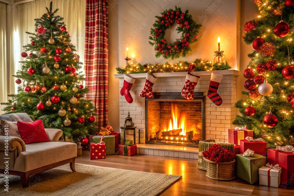 Christmas tree with fireplace indoor photography Christmas tree with fireplace indoor photography