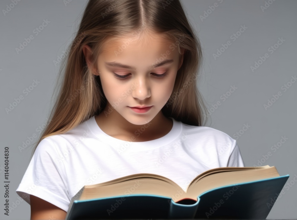 Young girl reading a book with focused expression in a minimalistic setting Young girl reading a book with focused expression in a minimalistic setting