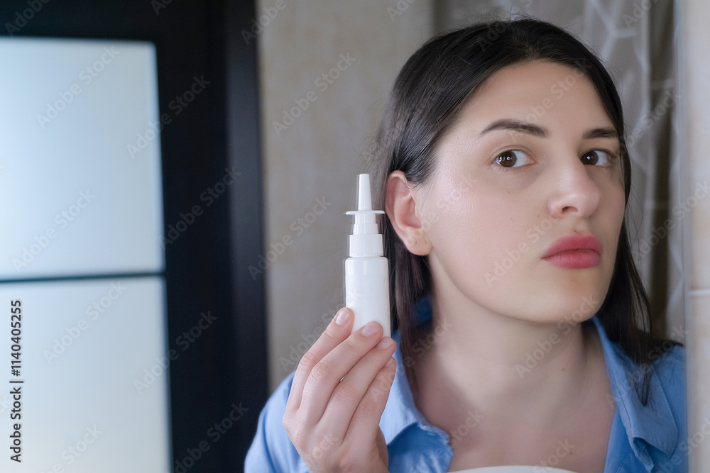 Home health care, woman holding earwax cleaning spray for ear hygiene and maintenance. Home health care, woman holding earwax cleaning spray for ear hygiene and maintenance.