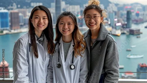 Medical students pose with the skyline in the background during a clinical rotation experience photo