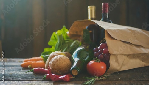  A paper bag filled with fresh produce and two bottles of wine on a dark wooden surface  photo