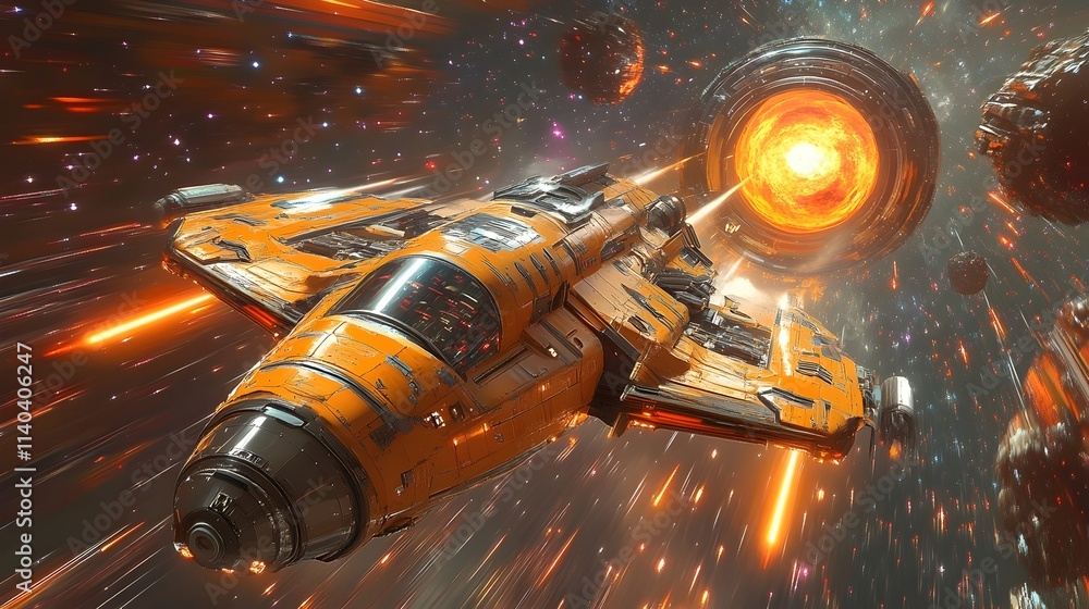 A space ship is flying through a fiery cloud of debris A space ship is flying through a fiery cloud of debris