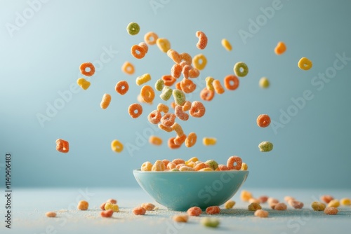 Cereal floating in space with a backdrop highlighting its distinctive shape photo