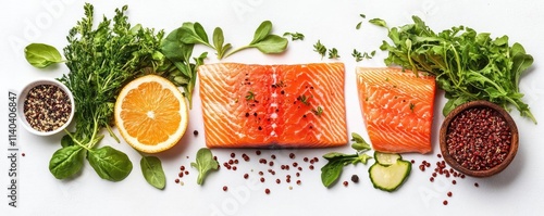 A balanced meal of salmon, quinoa, and greens, highlighting healthy fats and proteins photo