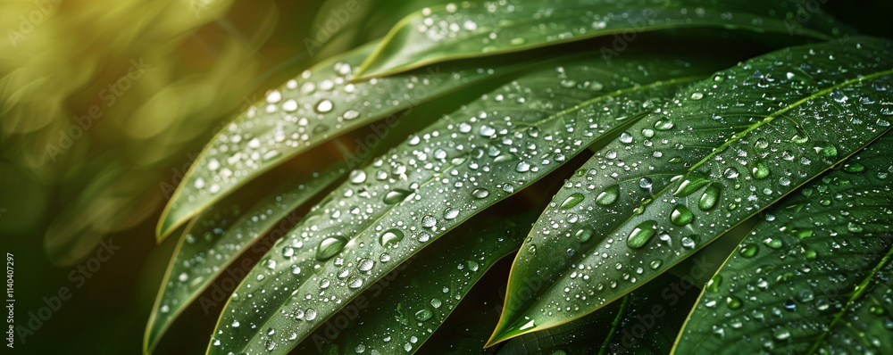 Obraz premium Detailed close-up of dewdrop-covered tropical leaves with a play of light and shadow enhancing the texture and depth of each leaf.