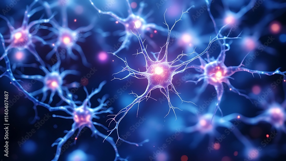 Exploring the Intricate World of Neurons: Stunning 3D Microbiology Render of Nerve Cells Background with Ample Copy Space, Generative AI Exploring the Intricate World of Neurons: Stunning 3D Microbiology Render of Nerve Cells Background with Ample Copy Space, Generative AI