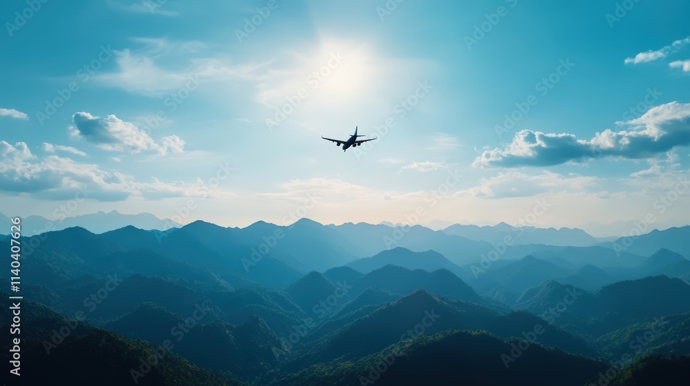 A solitary airplane soars above majestic mountains under a bright blue sky, creating a serene and adventurous atmosphere. A solitary airplane soars above majestic mountains under a bright blue sky, creating a serene and adventurous atmosphere.