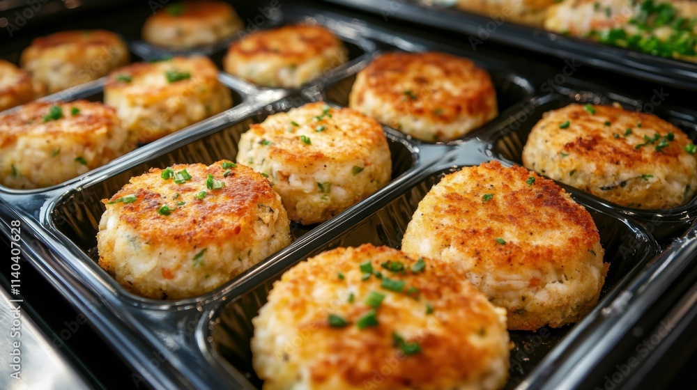 Eco-Friendly Crab Cakes on Trays Ready to Serve Eco-Friendly Crab Cakes on Trays Ready to Serve