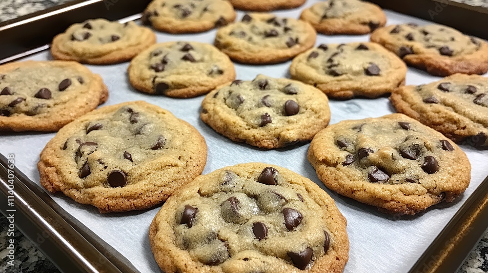 Golden-brown chocolate chip cookies on baking sheet. Golden-brown chocolate chip cookies on baking sheet.