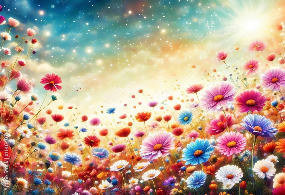 Vibrant Flower Meadow Under Sunlit Sky with Bokeh Lights - Nature Banner for Summer Greetings and Spring Wildflower Concepts. Created with generative AI technology Vibrant Flower Meadow Under Sunlit Sky with Bokeh Lights - Nature Banner for Summer Greetings and Spring Wildflower Concepts. Created with generative AI technology